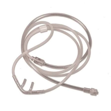 Cánula nasal transparente enrollada, con sus dos puntas y el conector roscado
