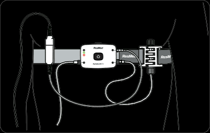 Esquema de una persona vista de frente con el cinturón, el dispositivo al centro, el sensor de esfuerzo a un lado y la cánula subiendo hacia la nariz